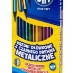 Kredki ołówkowe okrągłe metaliczne z czarnego drewna ASTRA - 12 kolorów z temperówką