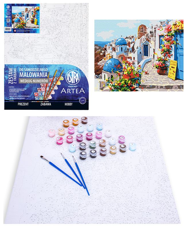 Podobrazie z farbami malowanie wg. numerów, 40x50cm, Magiczne Santorini, ARTEA ASTRA Podobrazie z farbami malowanie wg. numerów, 40x50cm, Magiczne Santorini, ARTEA ASTRA - obrazek 1
